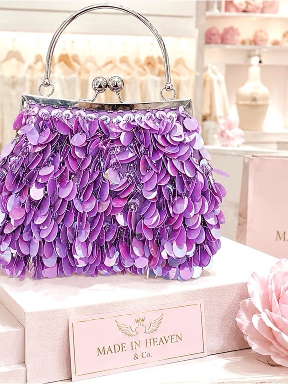 Nina Lavender Sequin Floral Evening Clutch